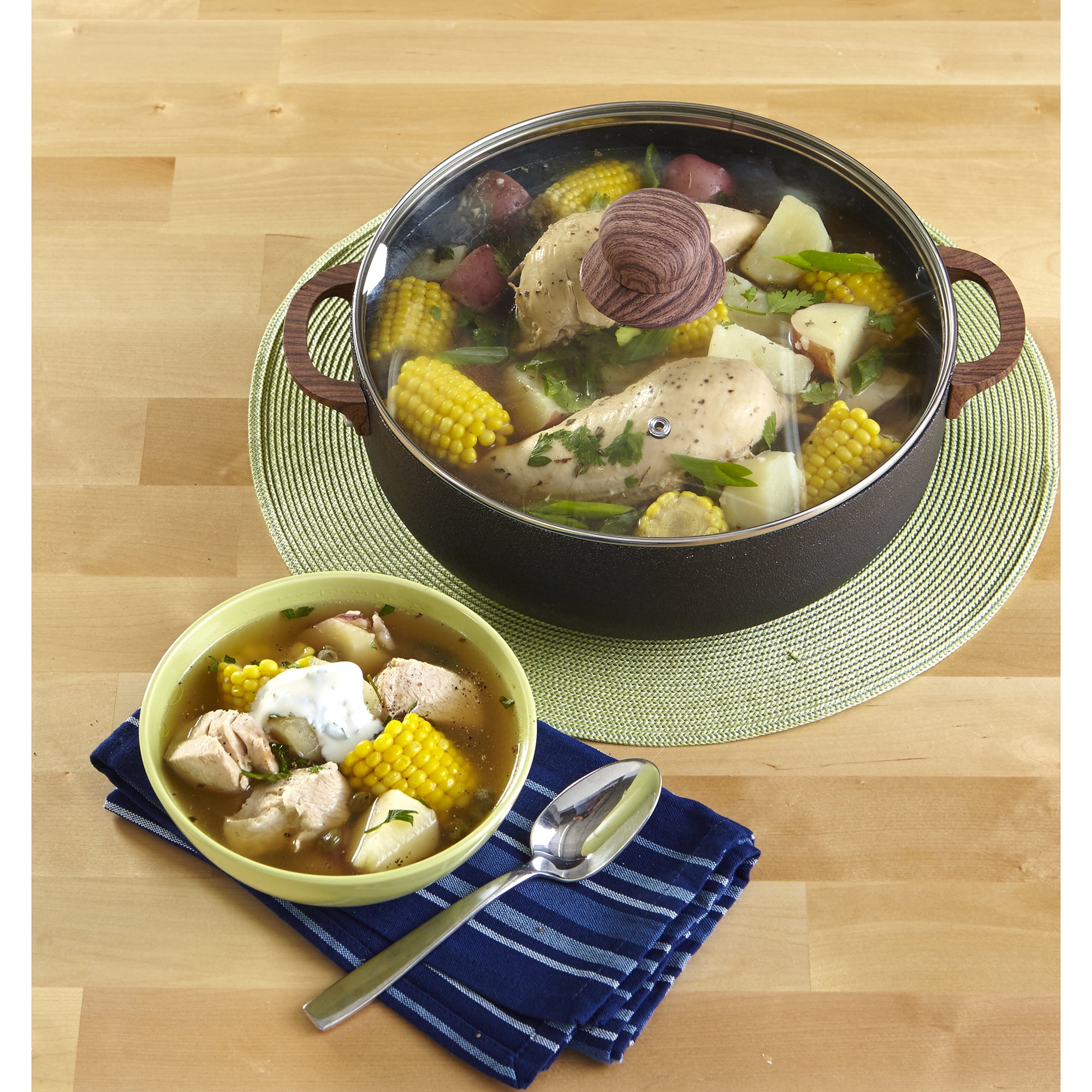 IMUSA 13.5qt Black Stone Aluminum Speckled Nonstick Caldero with Glass Lid & Wood Look Handles, Black