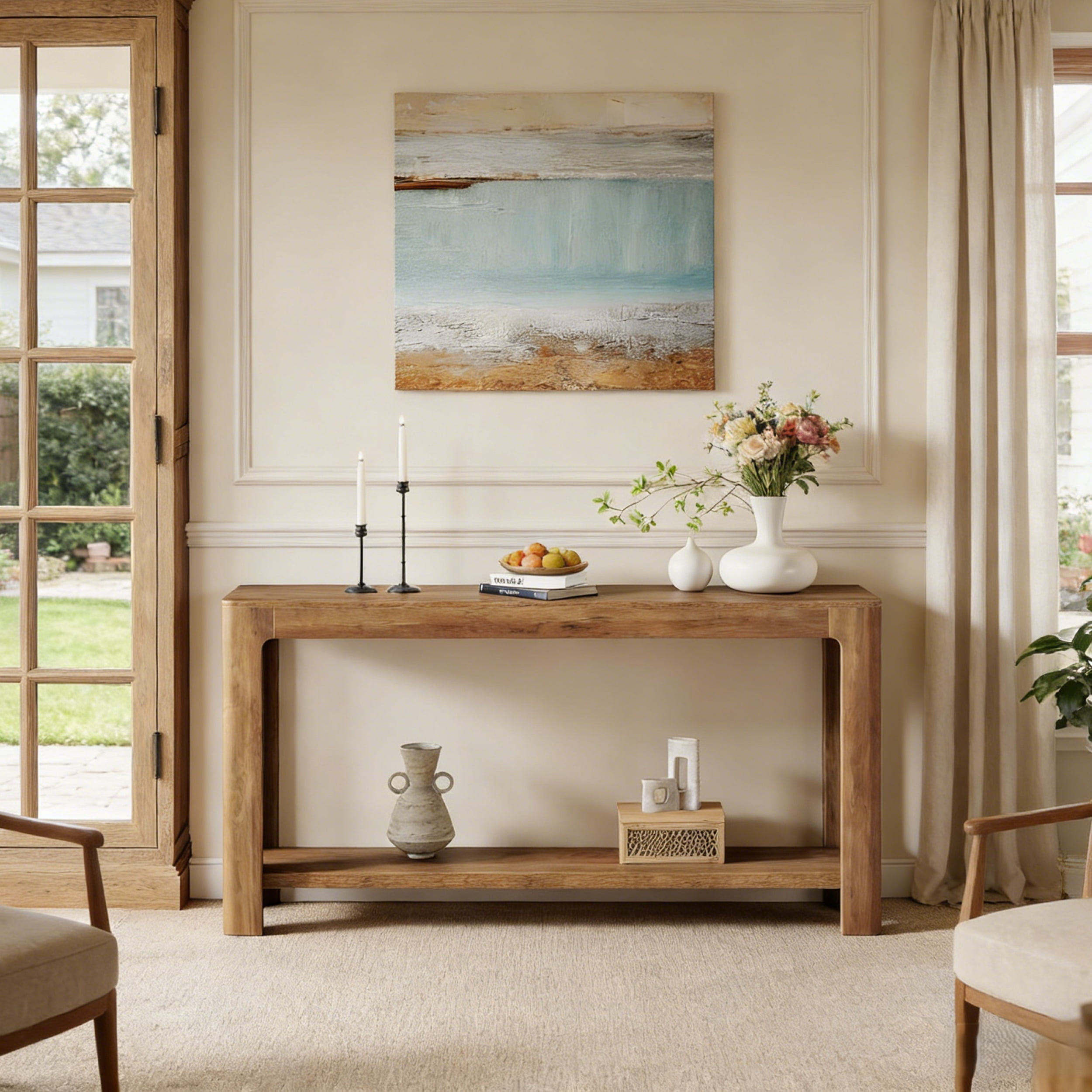 Fnova 63" Farmhouse Console Table, 2-Tier Wood Entryway Table with Storage Shelf, Narrow Sofa Table for Living Room, Hallway, Foyer