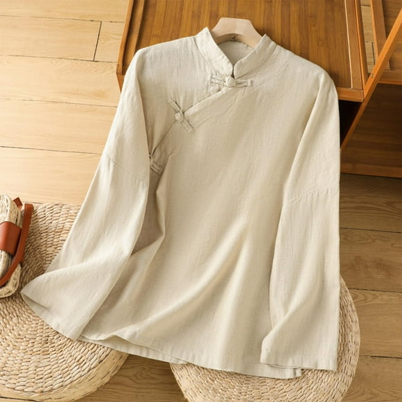 Pincandy Women's Cotton Linen Retro Chinese Frog Button Tops Summer Long Sleeve Stand Collar Blouse Loose Casual Vintage Shirts