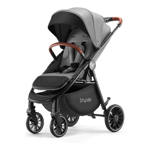 Tinyiota One-Hand Fold Baby Stroller with UPF 50 Canopy and Leather Handle, Gray