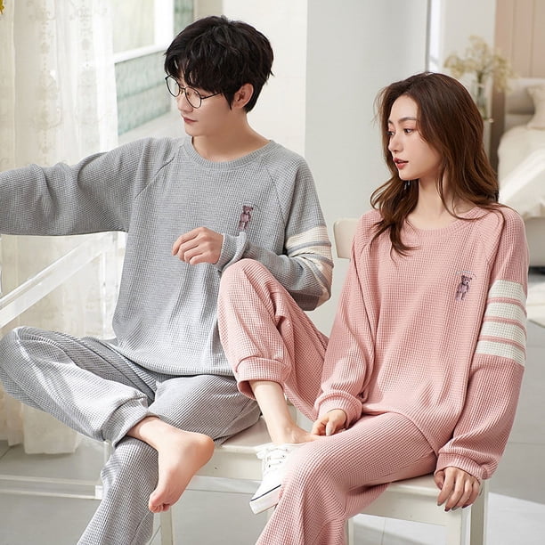 Pijamas de pareja para mujer, primavera y otoño, para niños, de algodón, de color liso, de manga larga, para otoño e invierno, para vivir en casa