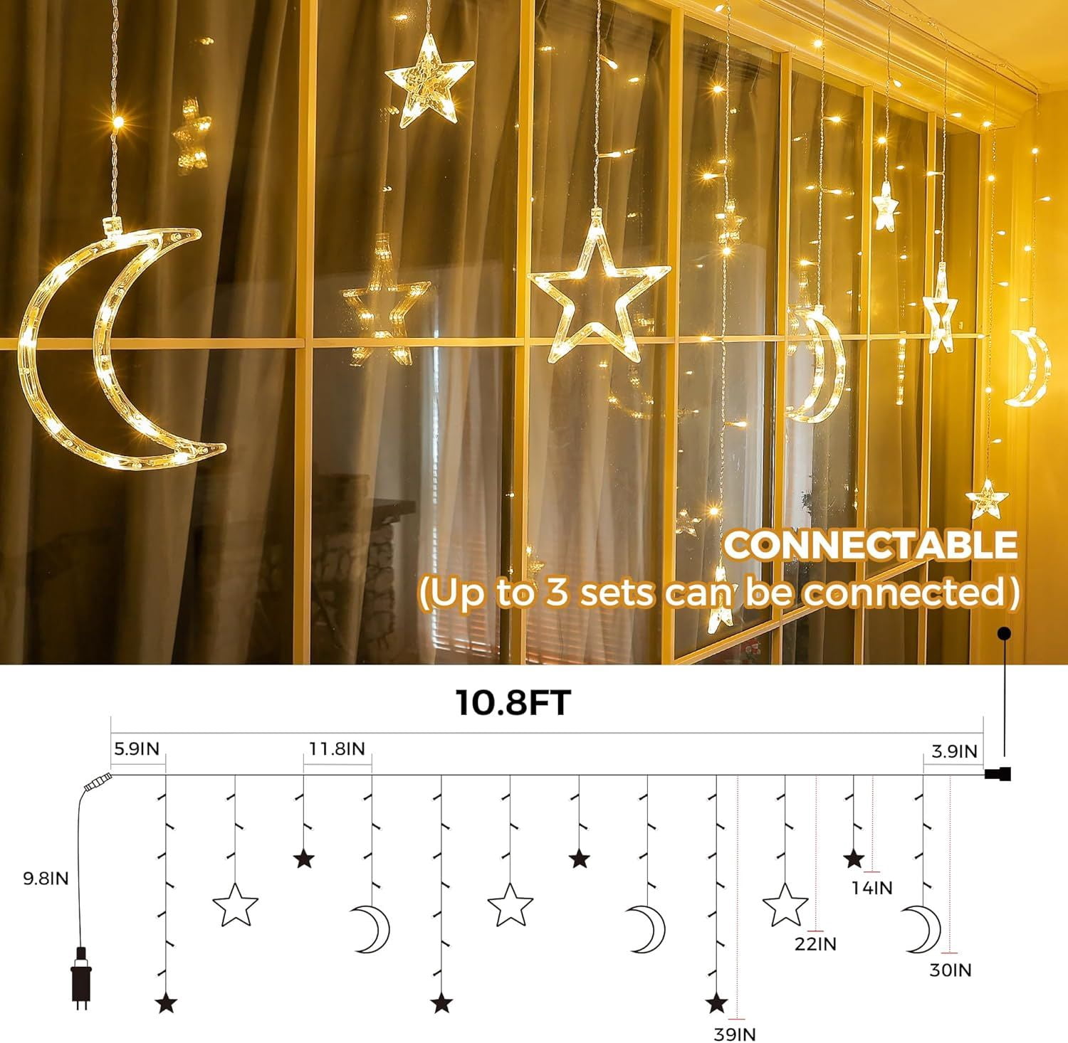 Ramadan Solar Icicle Lights,Outdoor Waterproof Moons Stars Curtain Window String with 8 Modes Timer Remote,USB Rechargeable Connectable Warm White Hanging Decor for Patio