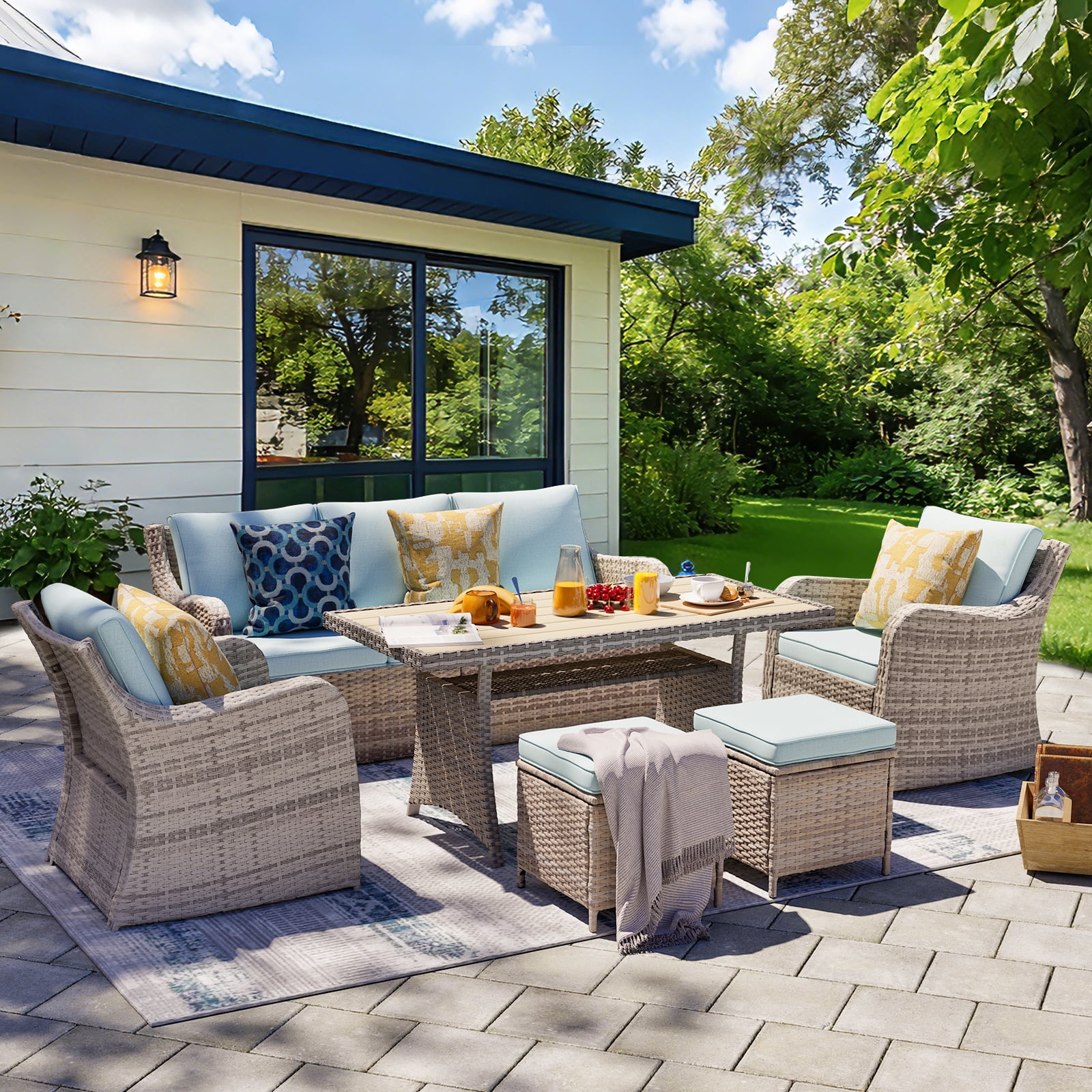 MEISSALIVVE 6 Pieces Patio Furniture Set with Dining Table, Outdoor Wicker Conversation Set with Fixed Chairs, Wicker Armrest, 2 Ottomans, Blue