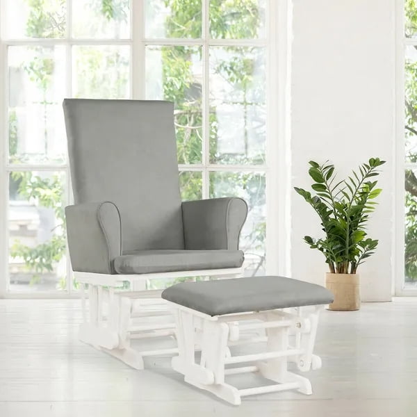 27.5" Nursery Rocking Chair Glider & Ottoman Set with Rubberwood Frame