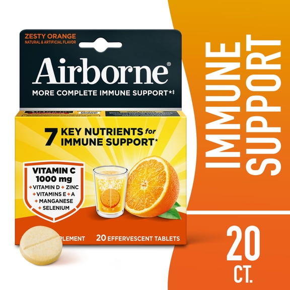 Airborne 1000mg Vitamin C Immune Support Effervescent Tablets, Multivitamin Supplement, Zesty Orange Flavor, 20 ct