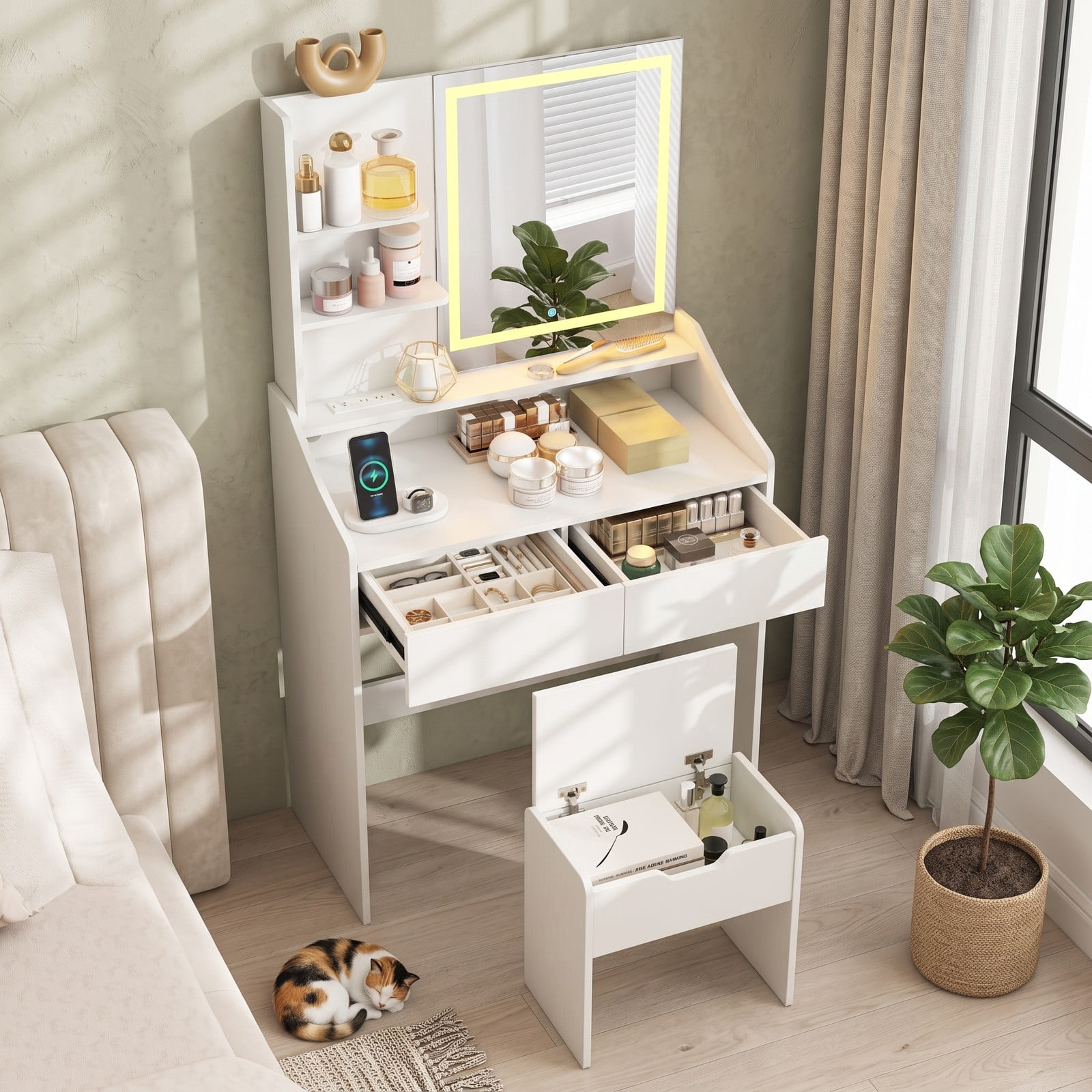 Furnibear Vanity Desk with LED Lighted Mirror and 3 Color Modes and Charging Station and Storage Stool for Bedroom, White