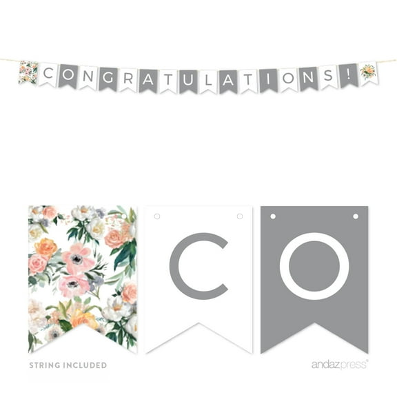 Peach Coral Floral Garden Party, Hanging Pennant Party Banner with String, Congratulations!, 5-Feet, 1 Set