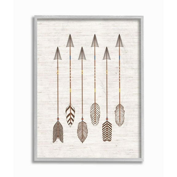 Tribal Arrow Feather Pattern Design Gray Farmhouse Rustic Framed Giclee Texturized Art by Ziwei Li
