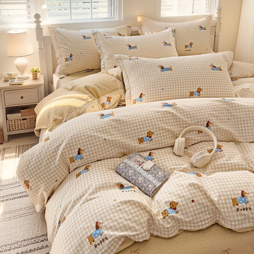 JOLUSERE 2-Piece Beige Gingham Puppy Pattern Comforter Twin Set , Soft Blue Dachshund Bedding Set for Kids Adults