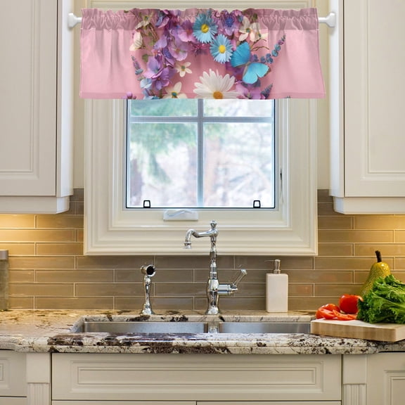 Flowers Or Butterflies Curtain Valances Farmhouse Design Window Treatment Decor Blackout Rod Pocket for Windows Living Room Kitchen 54" x 18"