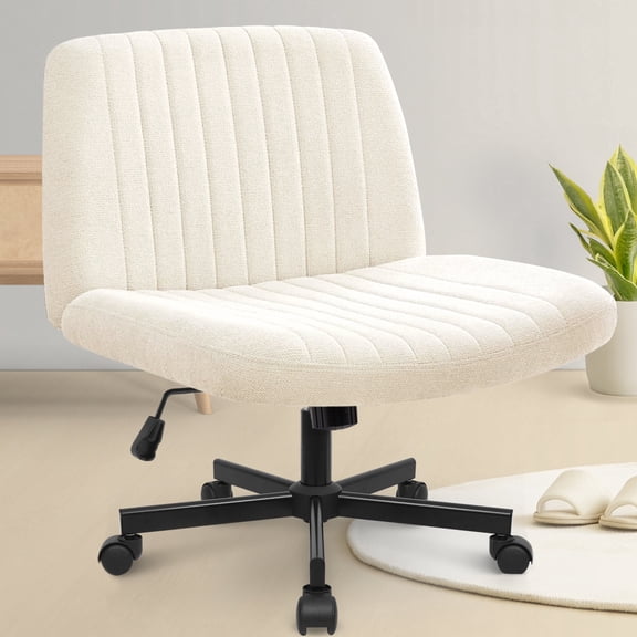 CELTOSS Criss Cross Legged Home Office Chair, Fabric Armless Swivel Task Computer Chair with Wheels, Wide Seat, Vanity Chair, Comfy Chair, Beige
