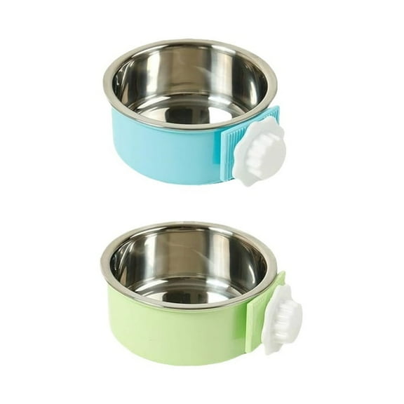 2 Pcs Stainless Steel Hanging Pet Bowls for Kennel Cage - Blue & Green Food & Water Feeder for Dog, Puppy, Cat Bowl