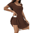 thumbnail image 3 of Women'S Mini Dress Square Neck Short Sleeve Ruffle Hem Dresses with Built in Shorts Brown S, 3 of 7