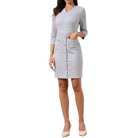INSPIRE CHIC Tweed Dress for Women Vintage 3/4 Sleeve Business Work Sheath Dress XS Multicolor Blue