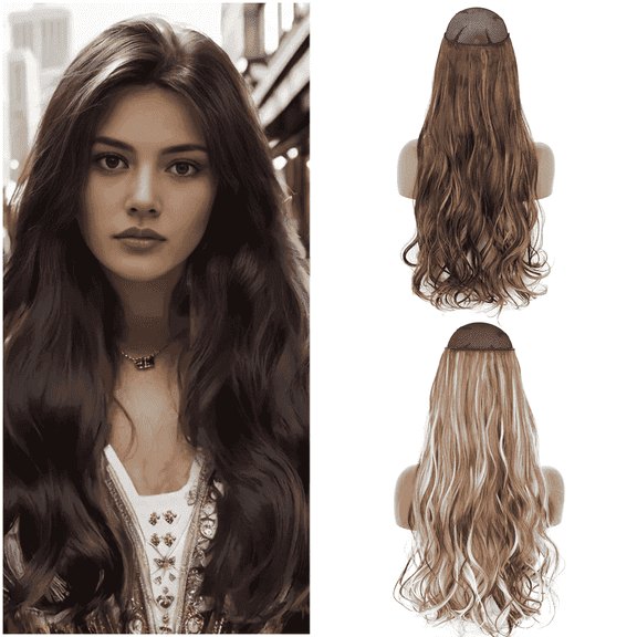 Morovan 22 Inch Clip-In Hair Extensions - 5-Piece Wavy Synthetic Hair Set, Brown Gold Mixed,Heat Resistant Fibers