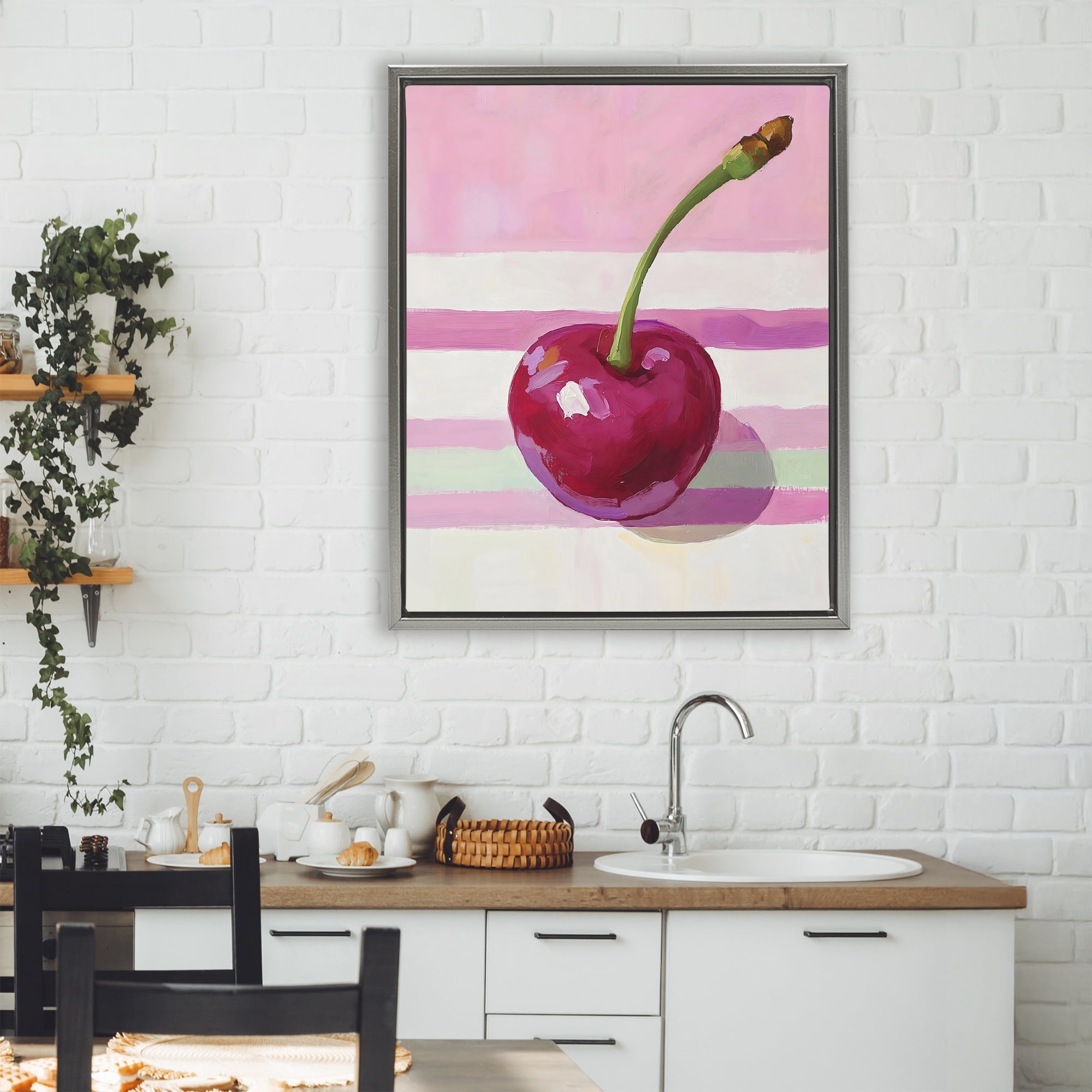 Stupell Industries Cherry on Pink Stripes Gray Framed Floater Canvas Wall Art, design by The Prints Vibe