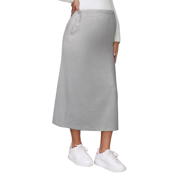 DARING DIVA Women's Midi Skirt Adjustable High Waist Over Belly Stretchy Jersey S Gray