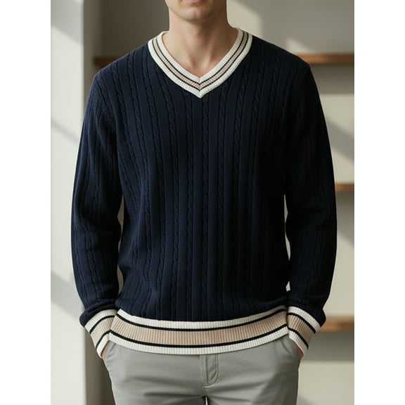 Mens Sweater V-Neck British Style Pullover Cable Knit Long Sleeve Top Twist Textured Casual Sweater
