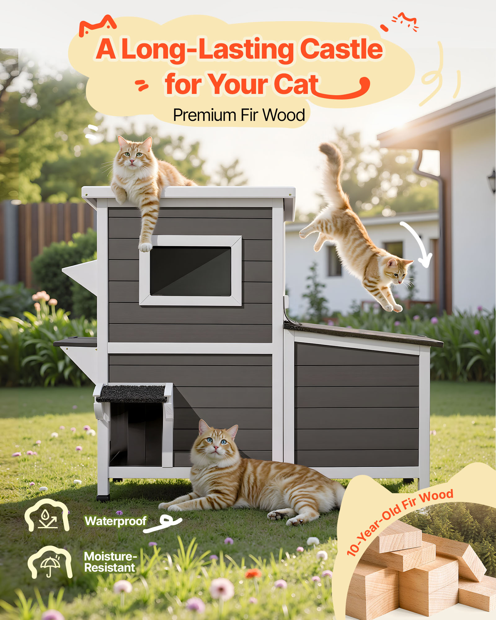 VEVOR Outdoor Cat House,2-Story Wooden Cat Shelter for 3 Outside Cats in Winter,Elevated Feral Kitty Shelter with Stairs, Clear Window & Flap Doors,Waterproof Cats Condos for Garden 42 × 25 × 34 in