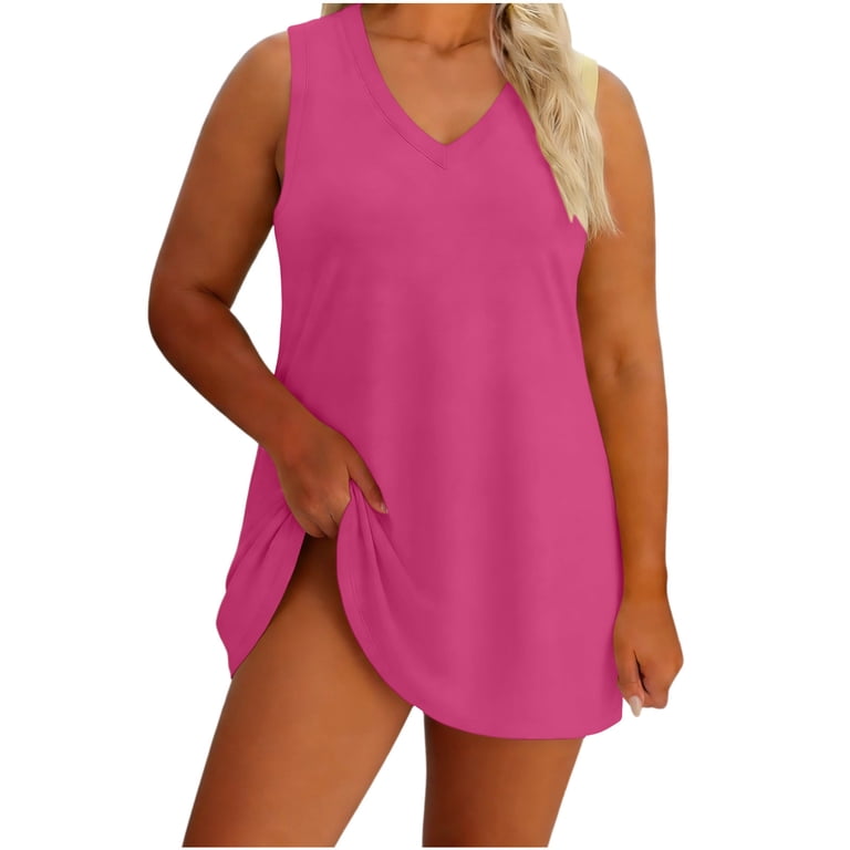 hot pink a line mini dress Gpaecead Women's V Neck Sleeveless Plus Size Loose Comfortable Casual Home Summer T Shirt Dress side slit prom dress