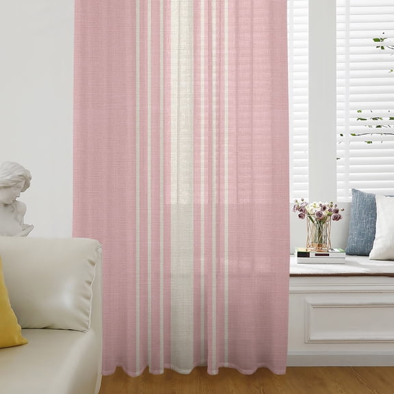 Pink Beige Striped Sheer Curtains 54 Inch Length, Light Filtering Voile Curtain Panel, Modern Farmhouse Retro Lines Rod Pocket Drapes Window Treatments for Living Room Bedroom 52"x54"