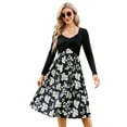 thumbnail image 2 of Furvclv Women's Long Sleeve Vintage Floral Patchwork Dress Flared A-Line Swing Casual Party Midi Dress, 2 of 9