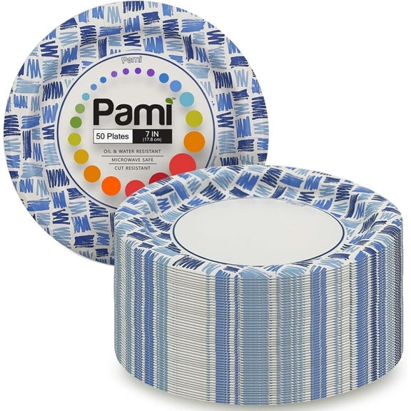 PAMI 7” Heavy Duty Paper Plates Disposable Dinner Plates Party Plates, 50-Pack