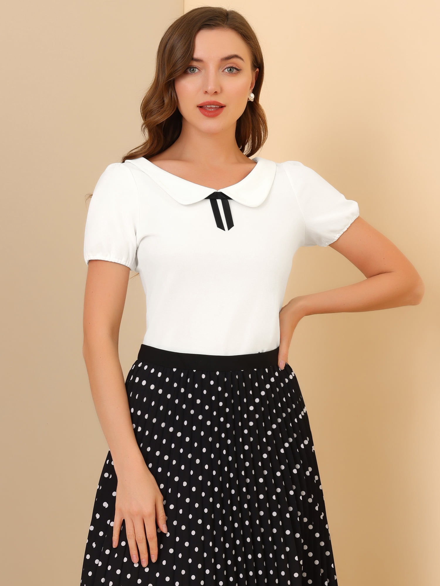 DARING DIVA Flat Collar Elastic Cuff Bow Decor Blouse L White
