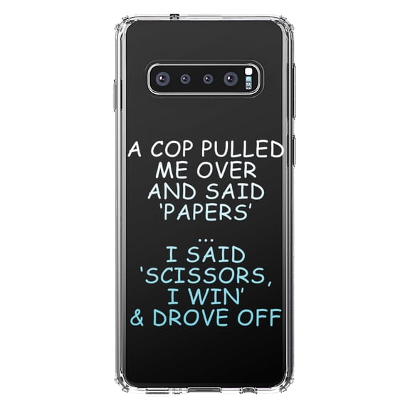 DistinctInk Clear Shockproof Hybrid Case for Samsung Galaxy S10 (6.1" Screen) - TPU Bumper Acrylic Back Tempered Glass Screen Protector - Cop Pulled Over, Rock Paper Scissors