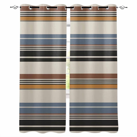 Fsddascl Brown Blue Striped Blackout Curtains for Bedroom/Living Room, Thermal Insulated Kitchen Curtains, Farmhouse Vintage Stripe Grommet Darkening Window Treatment Drapes 52"x72"x2