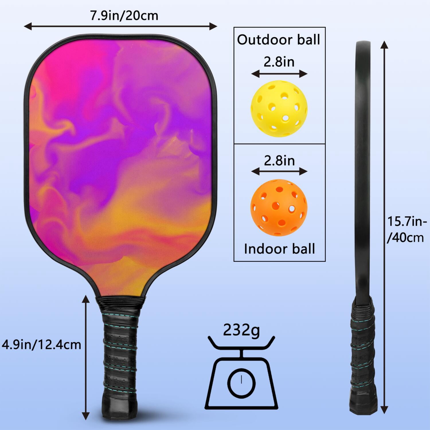 Pickleball Paddles Set Of 1, Fiberglass Surface, Fluid Smoke Aurora Art Style, 1 Paddle, 2 Balls & Bag