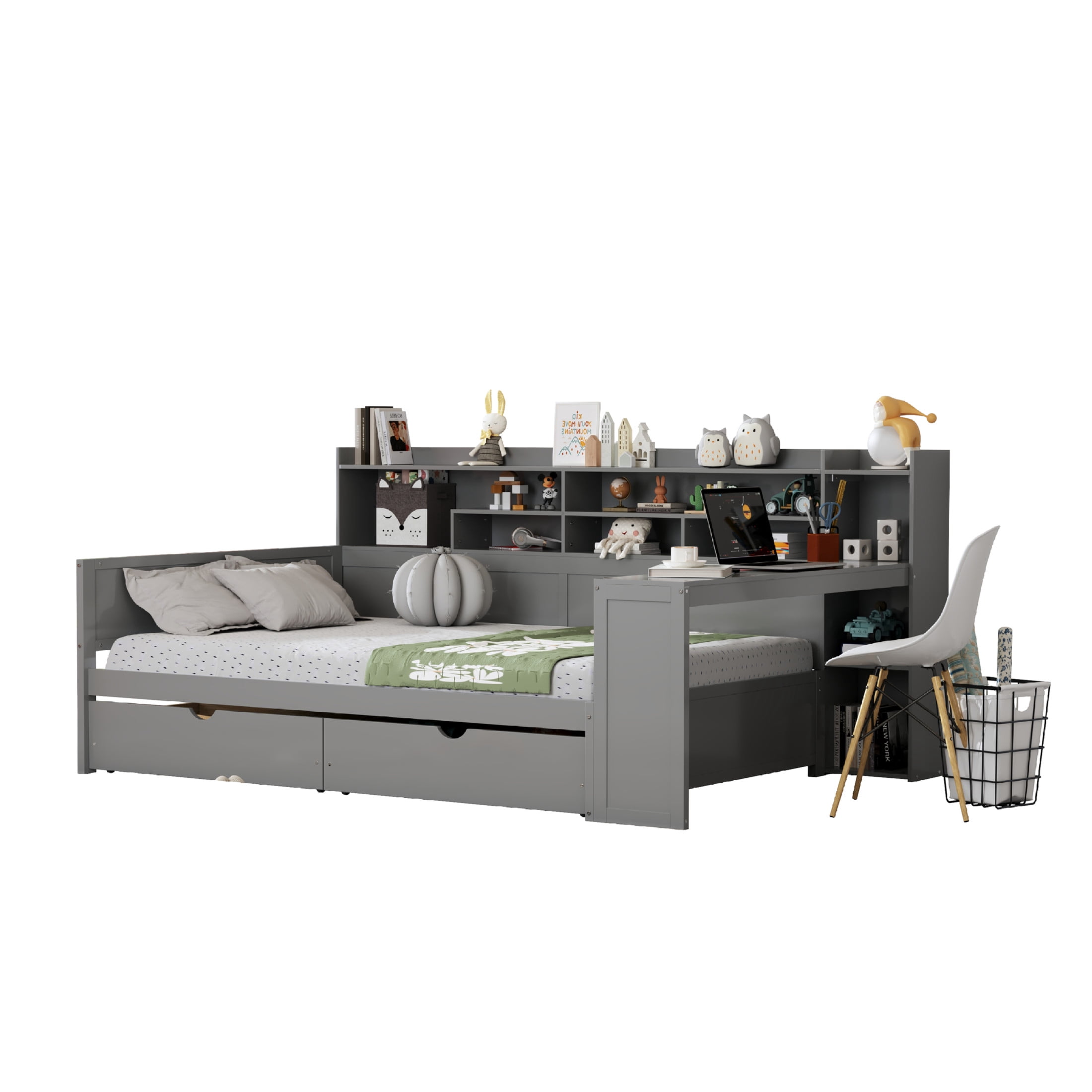 Noble House Full Size Daybed with Storage Shelves, 2 Drawers and Study Desk, Gray