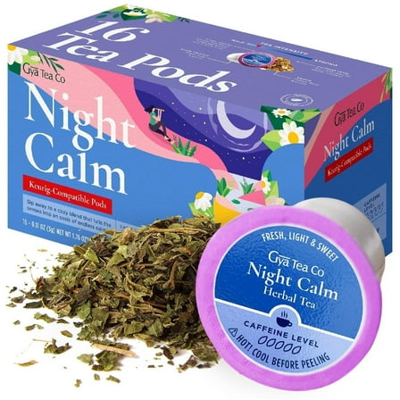 Gya Tea Co Night Calm Herbal Tea K-Cups - Caffeine-Free Relaxation Blend, Compatible with Keurig 1.0/2.0 - 16 Pods