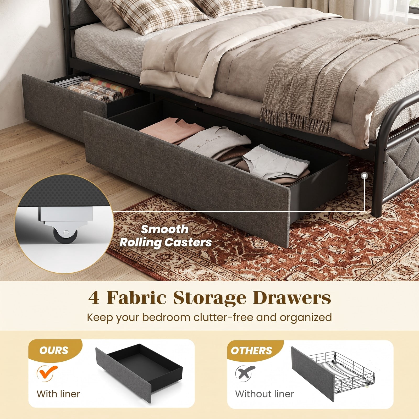 Furnibear Queen Size Metal Platform Bed Frame with LED Lights and 4 Storage Drawers with USB Charging Station for Bedroom, Gray