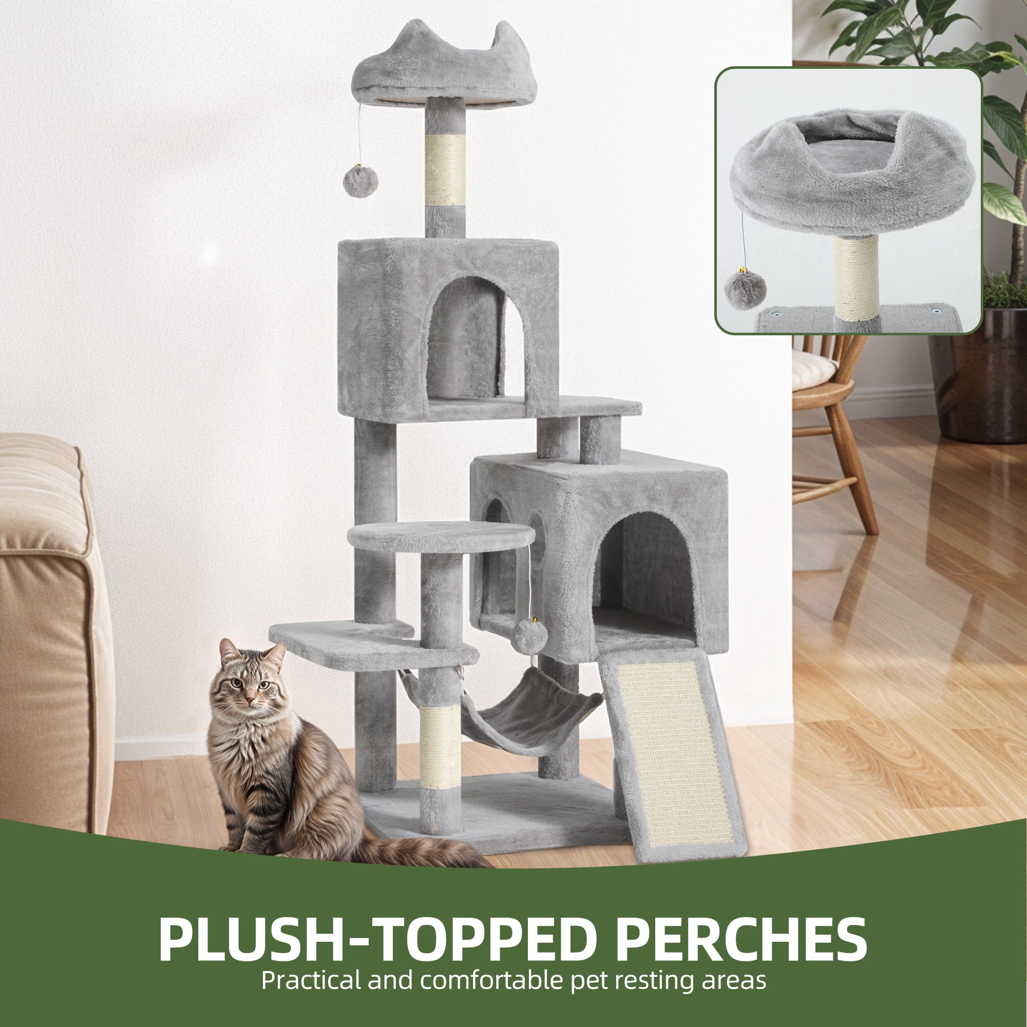 Uforic 54in Cat Tree Tower with Sisal Scratch Posts, Condo, Hammock in Light Gray