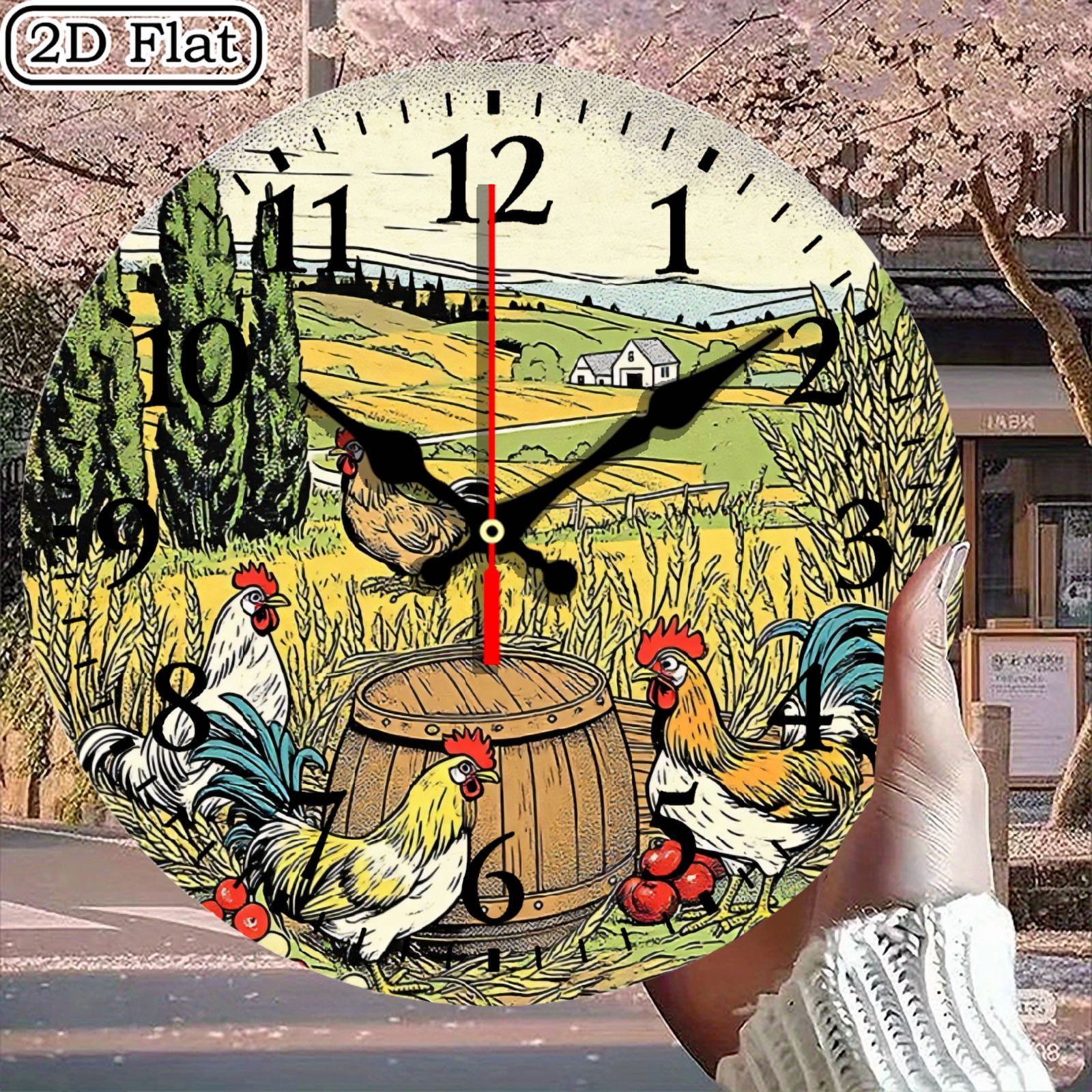 Vintage Farmhouse Rooster Wall Clock, Rustic Pastoral Countryside Round Clock for Kitchen and Living Room Vintage Farmhouse Rooster Wall Clock, Rustic Pastoral Countryside Round Clock for Kitchen and - a