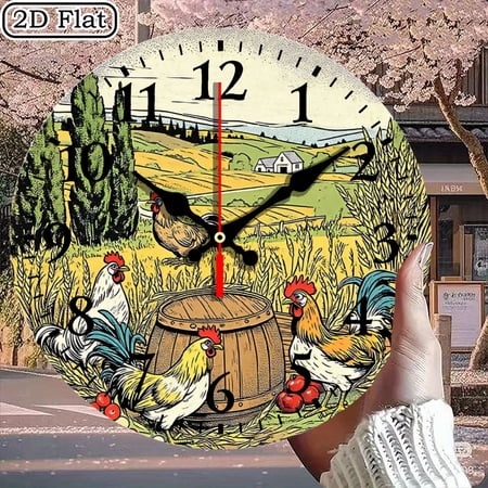 Vintage Farmhouse Rooster Wall Clock, Rustic Pastoral Countryside Round Clock for Kitchen and