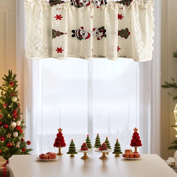 Cortinas Cortas Bordadas con Motivos Navideños | Decoración Festiva | Estilo Campestre | Poliéster | Blanco | 140×45 Cm | 1 Cortina