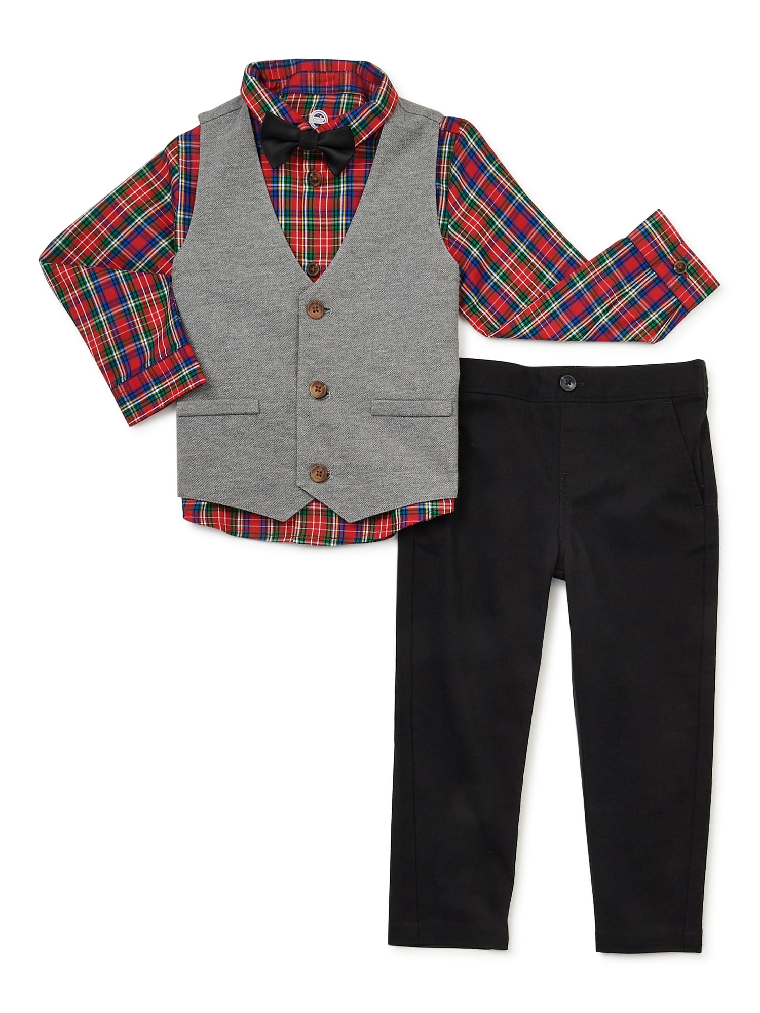 Wonder Nation Baby Boy & Toddler Boy Button-Up Shirt, Vest, Bowtie and Pants Dressy Outfit Set, 4-Piece, 0/3M-5T