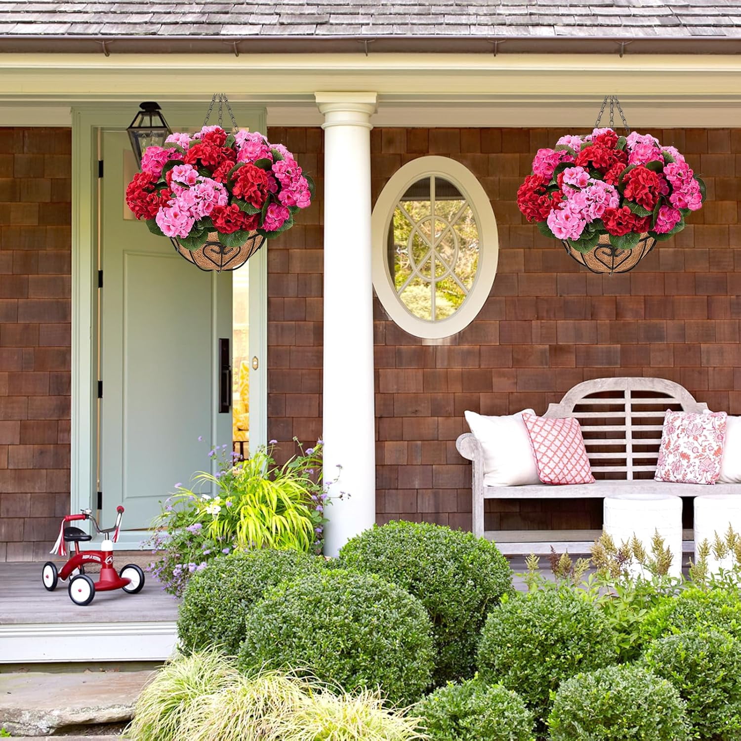 Waipfaru 2 Pack Artificial Geraniums Hanging Basket,UV Resistant Faux Silk Flowers for Outdoors,Realistic Fake Hanging Plants for Home Garden Decor