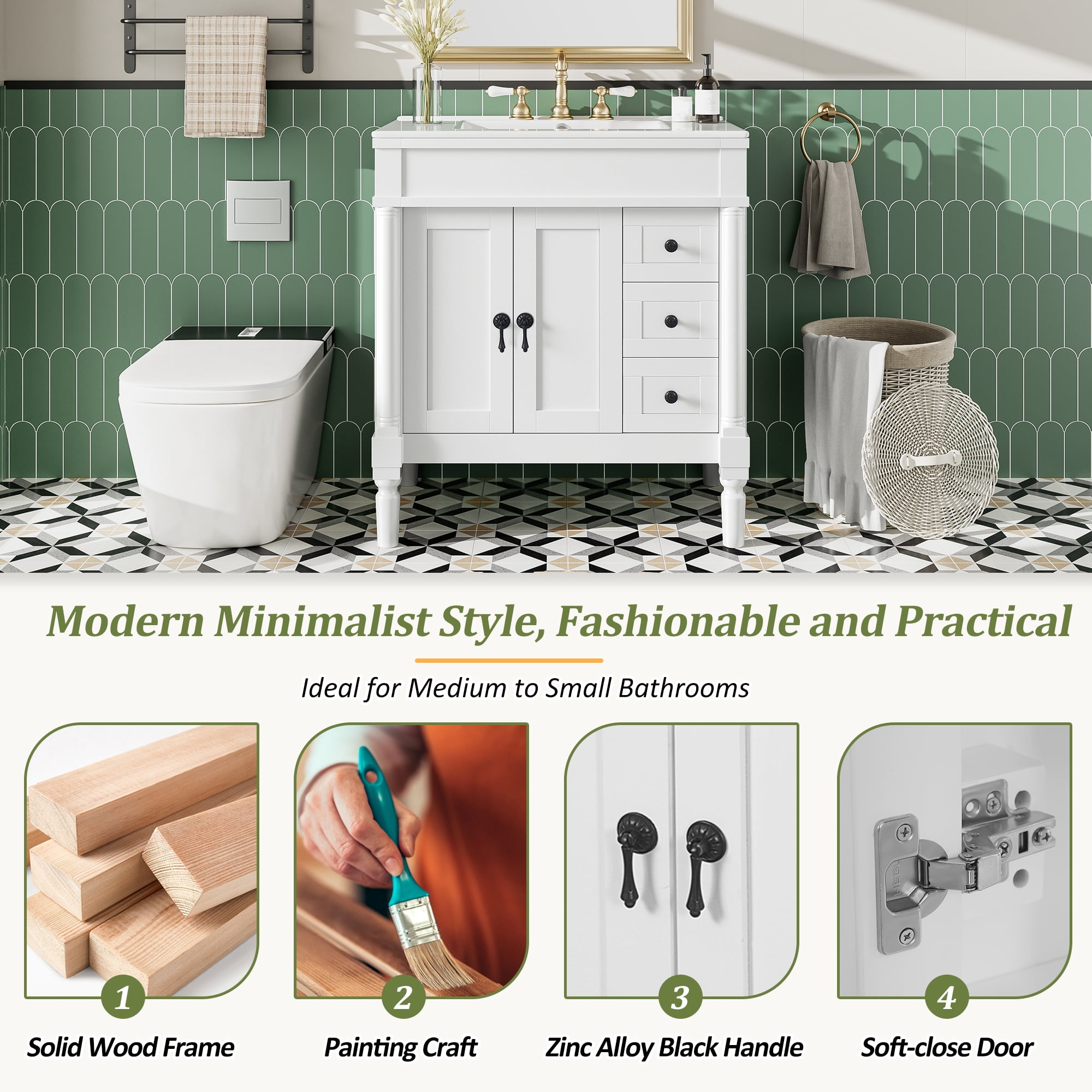 Euroco 30-Inch Modern Bathroom Vanity, Solid Wood Frame + MDF, 2 Doors 3 Drawers, Soft-Close Design, U-Shaped Adjustable Shelf, Ceramic Sink, Bathroom Storage Cabinet Set