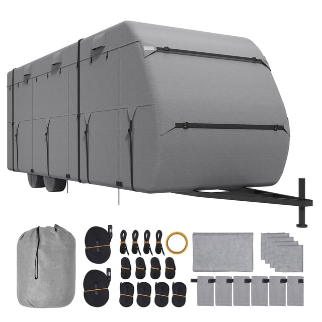 KFFKFF Travel Trailer Cover, 38-40 ft RV Cover, 4-Layer Non-Woven Fabric Camper Cover, Waterproof, Windproof and Rip-Stop Class A RV Cover, with Storage Bag