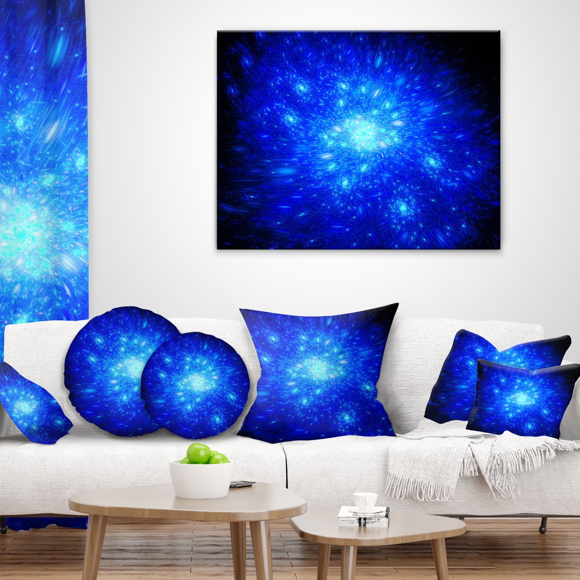 Designart Blue Fireworks on Black - Abstract Throw Pillow - 18x18