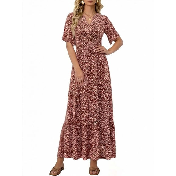 VBVC Women's V-Neck Floral Boho Maxi Dress,Ladies' Short Sleeve Smocked Waist Tiered Dress,Casual Flowy A-Line Summer Sundress For Women,Watermelon Red,S-5XL