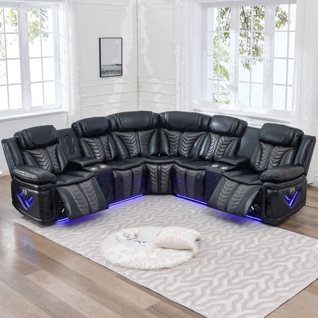 Power Reclining L-Shaped Sectional Sofa with LED Lights, Speakers, Cup Holders, Black Faux Leather