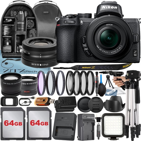 Nikon Z50 Mirrorless Camera with NIKKOR Z DX 16-50mm VR Lens   2 Pack 64GB Card   Case   Tripod   ZeeTech Accessory Bundle (International Version)