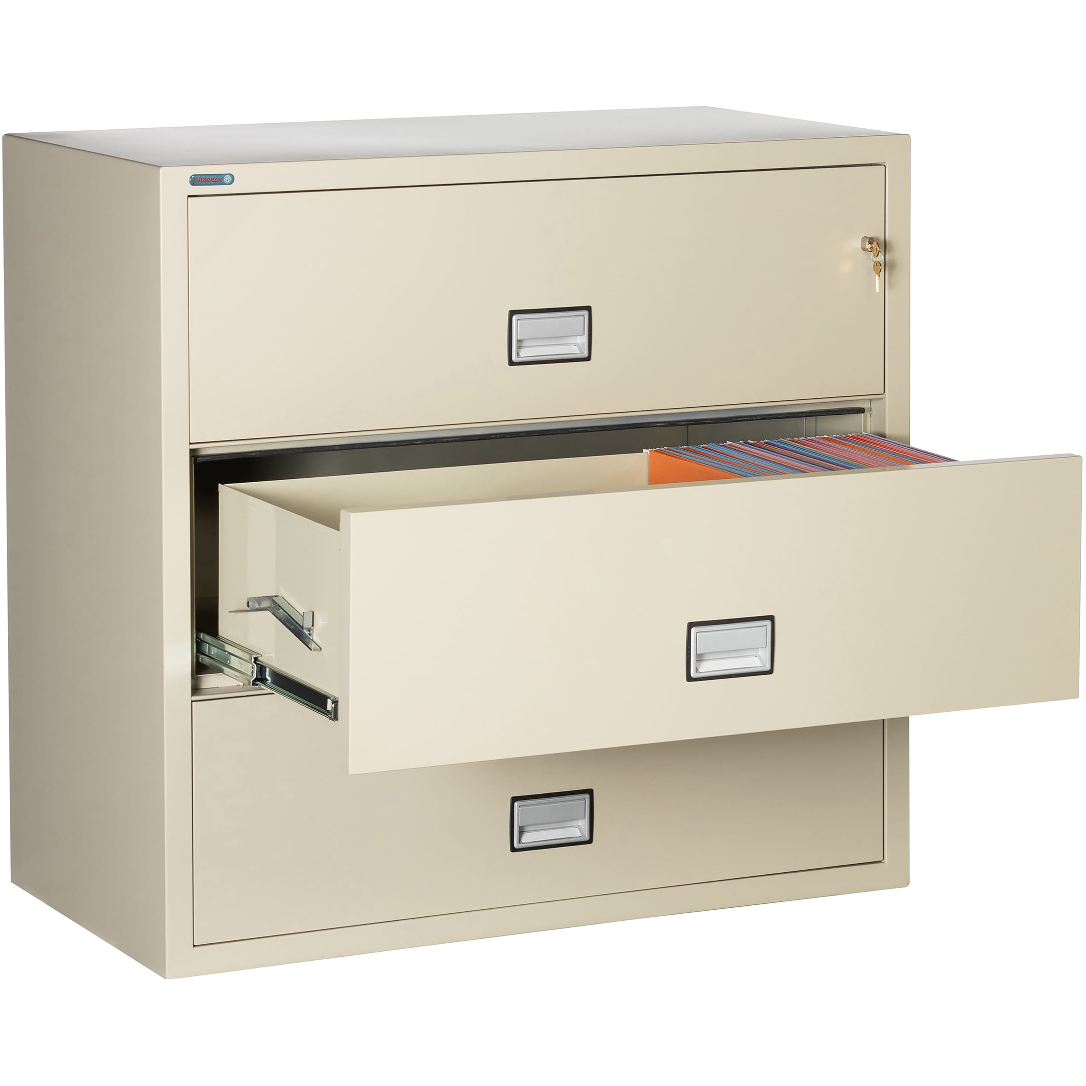 Phoenix Safe Lateral 44 inch 3-Drawer Fireproof File Cabinet with Key Lock, Water Seal, Putty, LAT3W44P