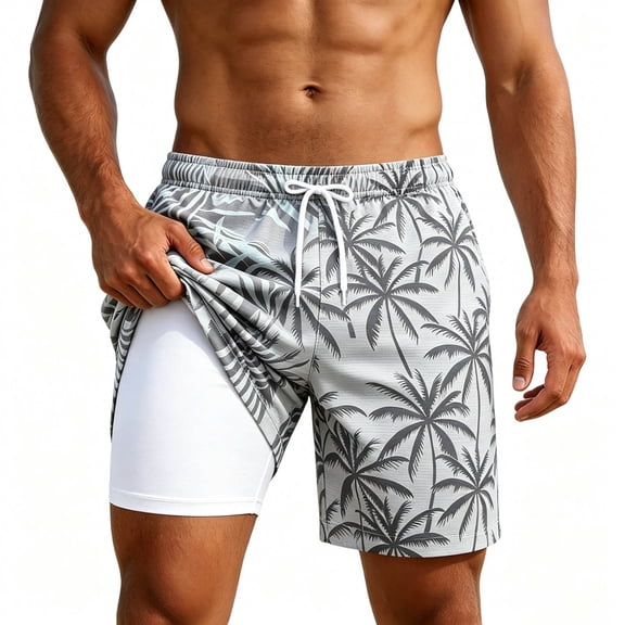 XFeng Men's 2 in 1 Swim Trunks, Print Board Shorts with Compression Liner, Quick Dry Beach Swim Shorts with Pockets