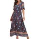 thumbnail image 2 of Vestido hasta el tobillo con estampado de manga corta suelto con cuello en V Vintage bohemio a la moda para mujer Fridja  qw6788, 2 of 9