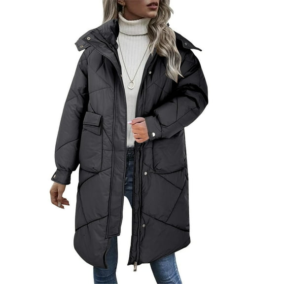 Noarlalf Womens Winter Coats, Puffer Jacket Womens, Jackets for Women, Solid Color Thickened Long Padded Coat with Double Side Large Pockets and Detachable Hat Winter Coats for Women Black L